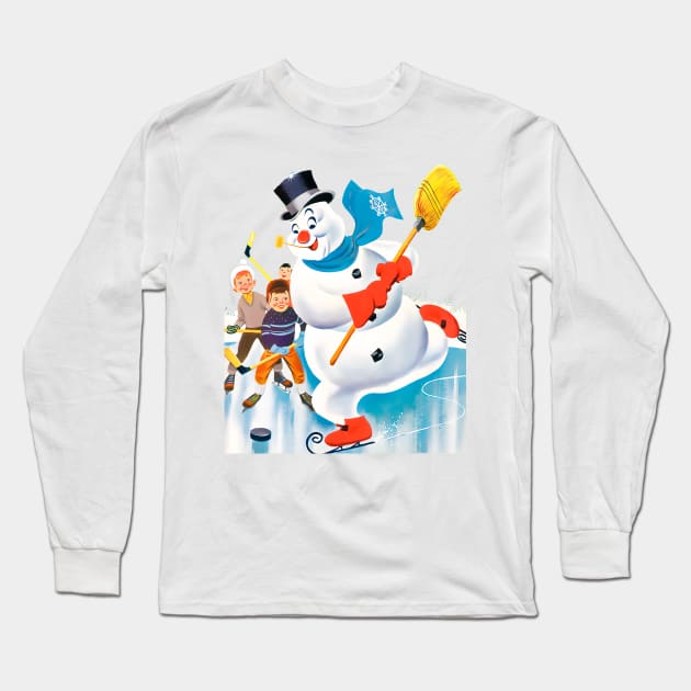 snowman playing ice hockey with a broom next to children on winter holidays retro vintage comic cartoons Long Sleeve T-Shirt by REVISTANGO